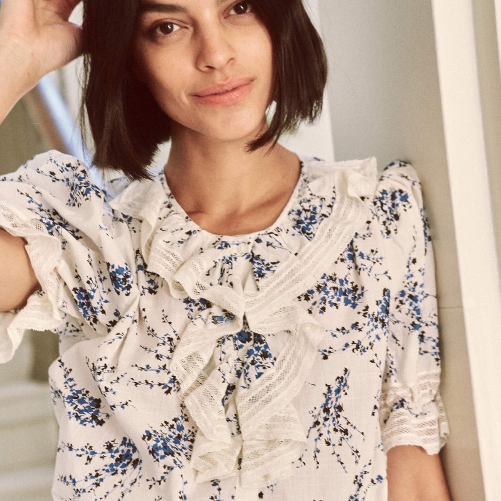 THE GREAT. Bishop Blue on White Floral Blouse - Picture 3 of 14